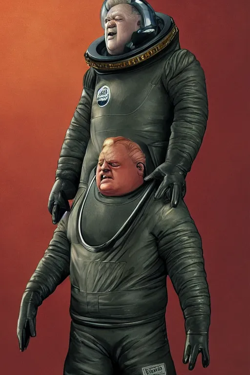 Prompt: joe egan as baron harkonnen wearing a leather spacesuit and floating in the air by normal rockwell, artstation concept character art