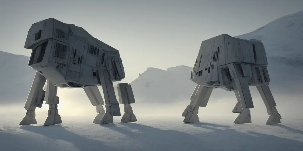 Image similar to AT-AT walker, Hoth, fog, snow, volumetric lighting, beautiful, golden hour, sharp focus, ultra detailed, cgsociety