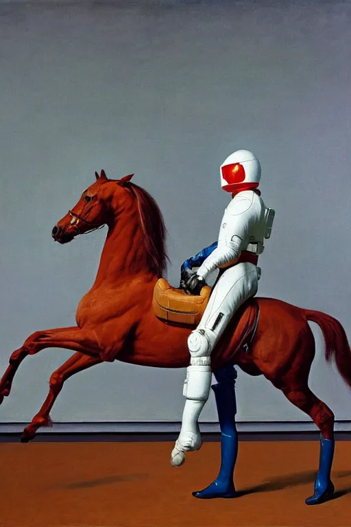 Image similar to a man dressed as a horse riding a horse dressed as an astronaut, hauntingly surreal, highly detailed painting by francis bacon, edward hopper, adrian ghenie, gerhard richter, and james jean soft light 4 k,
