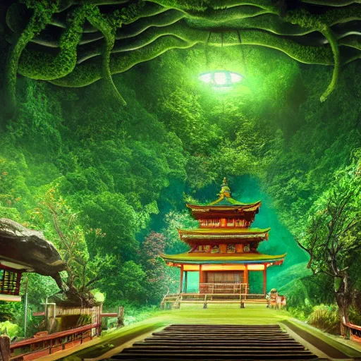 Prompt: japanese temple in lush cave with glowing emeralds and vines hanging from the ceiling, sharp focus, cinematic light, artgerm, cgsociety, desaturated, highly detailed