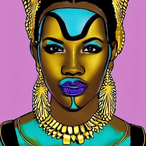 Image similar to black woman, afrofuturist, cell shaded, comic book style art, gold jewelry, face paint