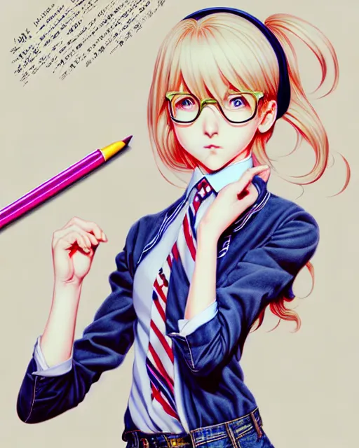 Prompt: depicting a young mischievous female prep school student with medium length bright blonde hair and pale skin, in an old study room, complex artistic color ink pen sketch illustration, subtle detailing, artwork by Artgerm and Range Murata.