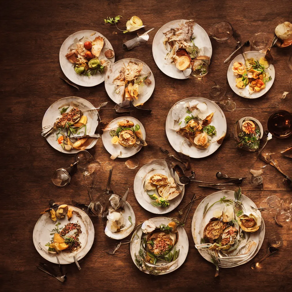 Image similar to afine dining dinner on a table, dynamic lighting, bokeh, carl zeiss 8 5 mm vintage lens, hyper realistic, award winning food photography