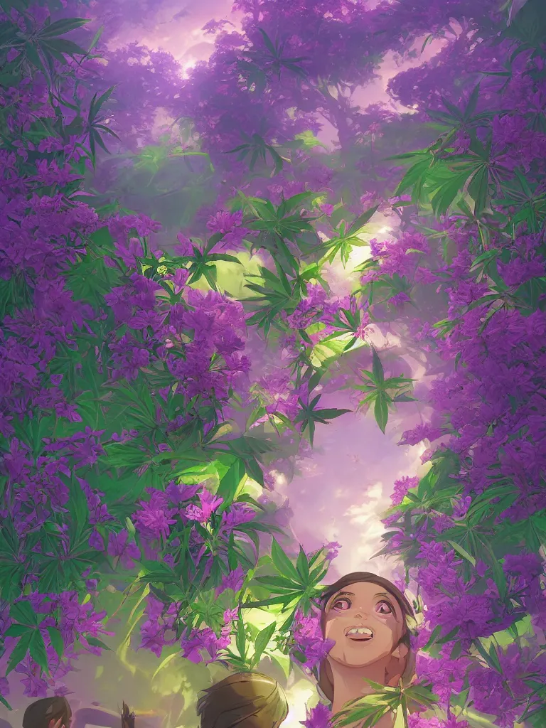 Image similar to kids dunks with green purple flowers of marijuana hemp cannabis, behance hd by jesper ejsing, by rhads, makoto shinkai and lois van baarle, ilya kuvshinov, rossdraws global illumination, golden ratio, symmetrical beauty face