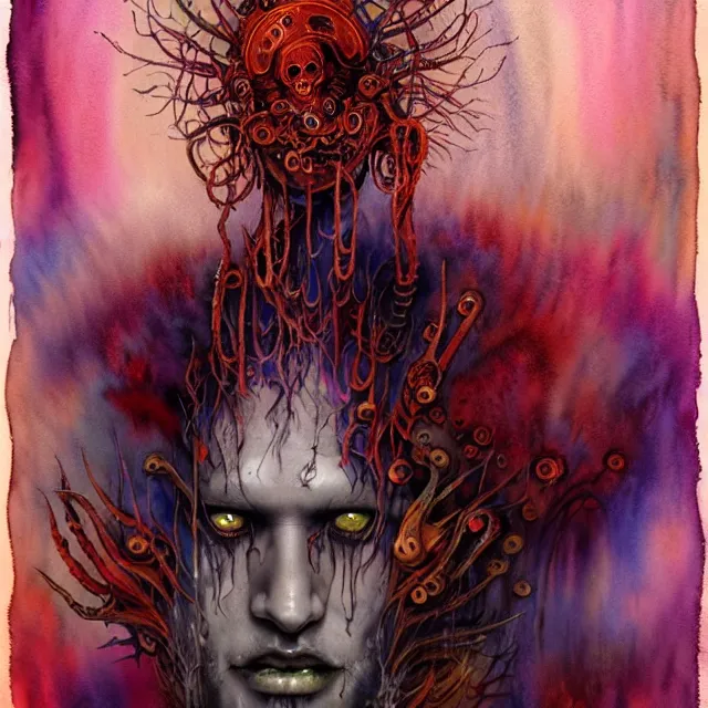 Image similar to complex symmetrical watercolor, spiritual horror lsd art in muted colors, disturbing grunge still of a lovecraftian demon infested guy flirting with you, by arthur adams, by tom bagshaw, by henry asencio, by kikuchi hideyuki