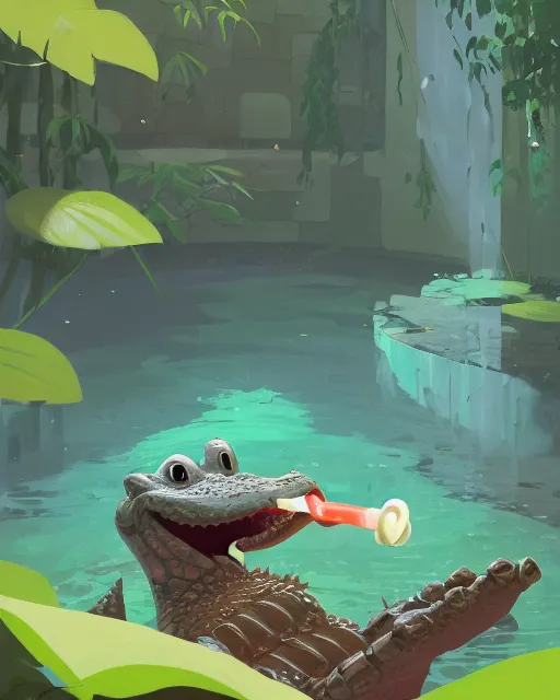 Prompt: a cute alligator brushing his teeth while taking a bath in a well with lush vegetation around, cory loftis, james gilleard, atey ghailan, makoto shinkai, goro fujita, character art, rim light, exquisite lighting, clear focus, very coherent, plain background, soft painting
