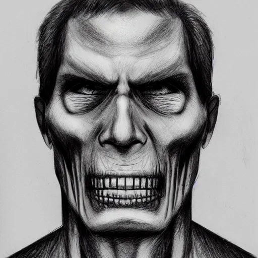 Image similar to Jerma985 with a cheek to cheek smile, sinister looking, evil intent, horror, uncanny, detailed, high resolution, sharpened, close-up, police sketch, wanted poster, pencil sketch, drawing, creepy, frightening