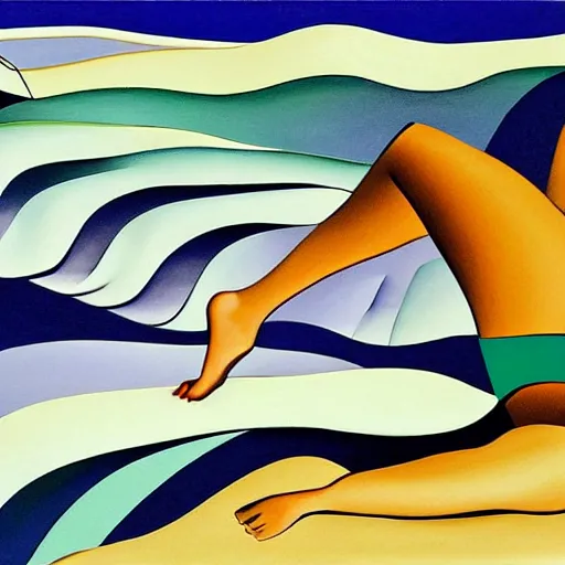 Image similar to Woman bends and stretches by the seashore while the waves approach and recede, abstract art in the style of cubism and Georgia o keefe,