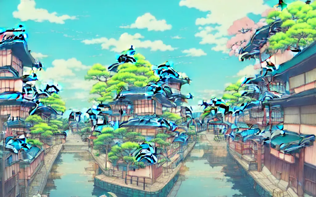 Image similar to a japanese city near the sea, lofi, dreamy, moody, very colorful, anime inspiration, ghibli vibe