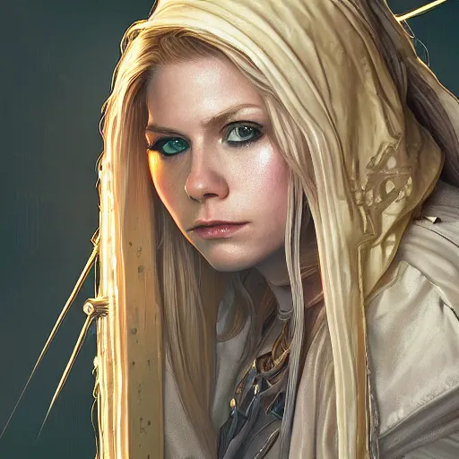 Image similar to perfectly - centered - portrait of avril lavigne wearing white cloak holding light saber, intricate, highly detailed, digital painting, artstation, concept art, smooth, sharp focus, illustration, unreal engine 5, 8 k, art by artgerm and greg rutkowski and alphonse mucha