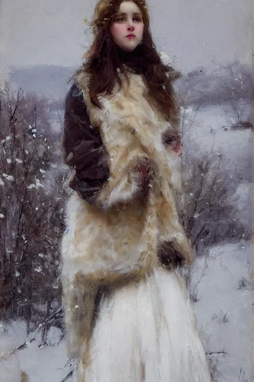 Image similar to Richard Schmid and Jeremy Lipking full length portrait painting of a young beautiful edwardian girl hold a victorian fur handwarmer standing in the snow