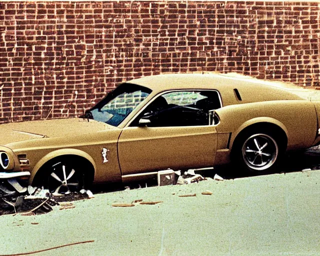 Image similar to 1973 photo of mustang wrecked into brick wall retro film picture