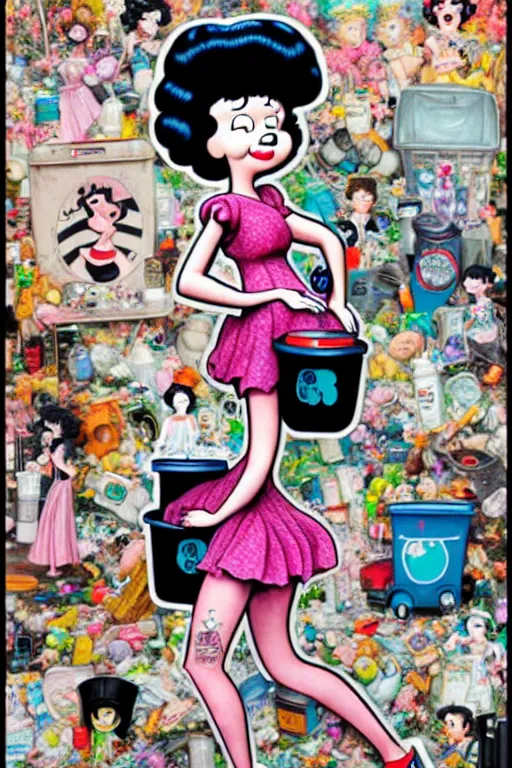 Image similar to full view, from a distance, of anthropomorphic trashcan who is betty boop, full of trash, style of yoshii chie and hikari shimoda and martine johanna, highly detailed