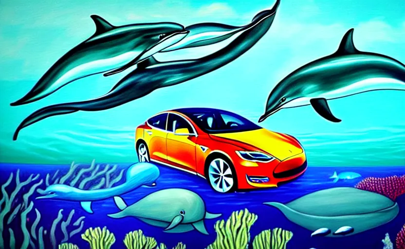 Image similar to a surreal colourful painting of a tesla car underwater surrounded by dolphins