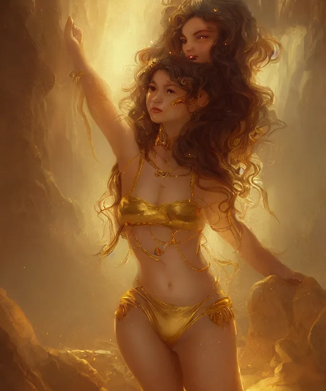 Prompt: cute friendly dwarven princess wearing a bikini swimming in gold hoard by charlie bowater and titian and artgerm, intricate, face, cavern, elegant, golden mist, beautiful, highly detailed, dramatic lighting, sharp focus, trending on artstation, artstationhd, artstationhq, unreal engine, 4 k, 8 k