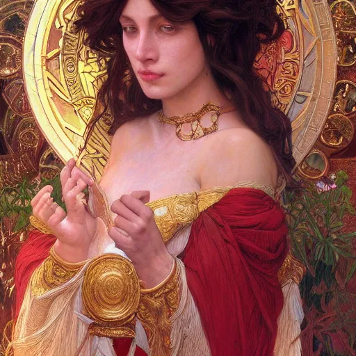 Image similar to an portrait of a beautiful alluring female goddess, detailed, centered, digital painting, artstation, concept art, donato giancola, Dante Gabriel Rossetti, alphonse mucha, Joseph Christian Leyendecker, WLOP, Boris Vallejo, Breathtaking, 8k resolution, extremely detailed, beautiful, establishing shot, artistic, hyperrealistic, beautiful face, octane render