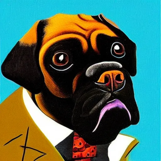 Image similar to a salvador dali portrait of black pugalier dog wearing suit and tie, surreal background, by salvador dali, trending on instagram, award winning details
