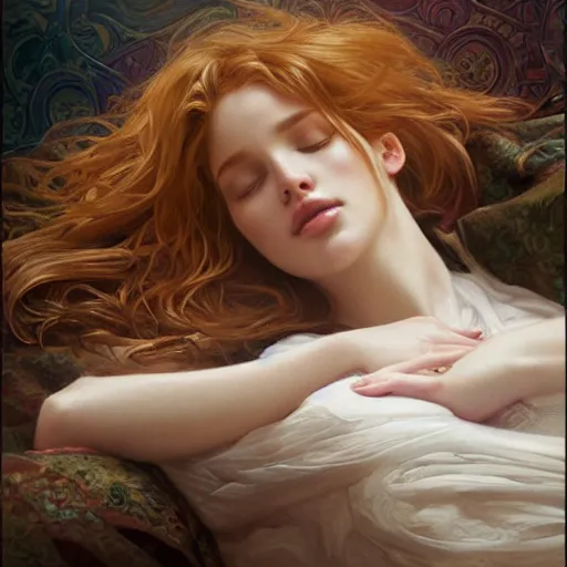 Image similar to ultra realistic illustration, bella thorne sleeping, intricate, elegant, highly detailed, digital painting, artstation, concept art, smooth, sharp focus, illustration, art by artgerm and greg rutkowski and alphonse mucha