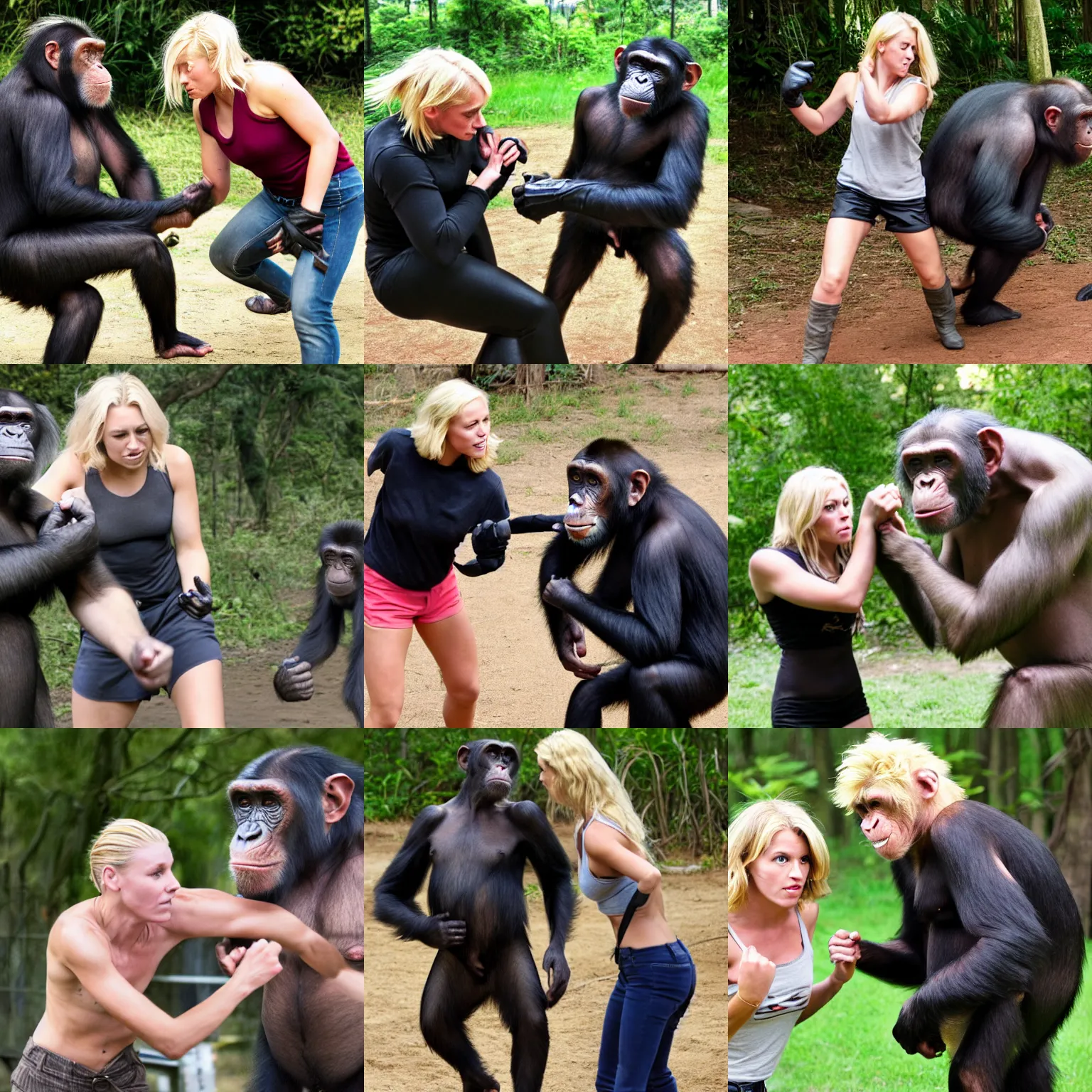 Prompt: photograph of a blonde guy named josh fighting a chimpanzee. lauren looks on smugly