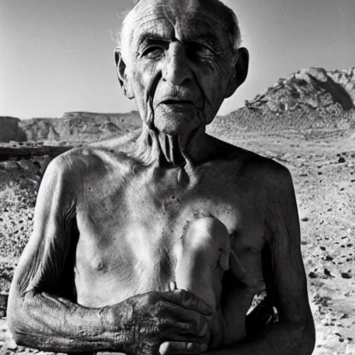 Prompt: award winning cinematic still portrait of 85 year old Mediterranean skinned man, short hair, in ancient Canaanite clothing crying holding a 22 year old Mediterranean skinned man, short hair, in ancient Canaanite clothing. Just before sunrise. Desert mountain background. sad, depressed, lonely, Biblical epic directed by Christopher Nolan