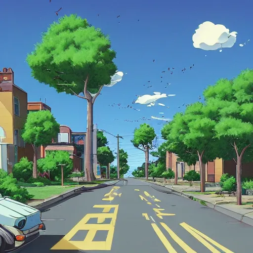 Image similar to neighborhood street, uptown street, golden hour, golden sunshine, trees over road, shining sun in distance, trees, juniper trees, oak trees, cars parked in street, long street, distance, cel - shaded, raytracing, cel - shading, toon - shading, 2 0 0 1 anime, flcl, jet set radio future, drawn by artgerm