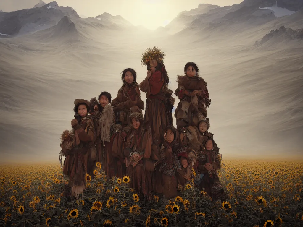 Prompt: a portrait of the mighty helianthus people, a nomadic mongolian tribe that worship the sunlight in a vast barren valley full of sunflowers that are withered dry, with glaciers peaking through fog in the distance, by Greg Rutkowski, Sung Choi, Mitchell Mohrhauser, Maciej Kuciara, Johnson Ting, Maxim Verehin, Peter Konig, Bloodborne, macro lens, 35mm, 8k photorealistic, cinematic lighting, HD, high details, atmospheric