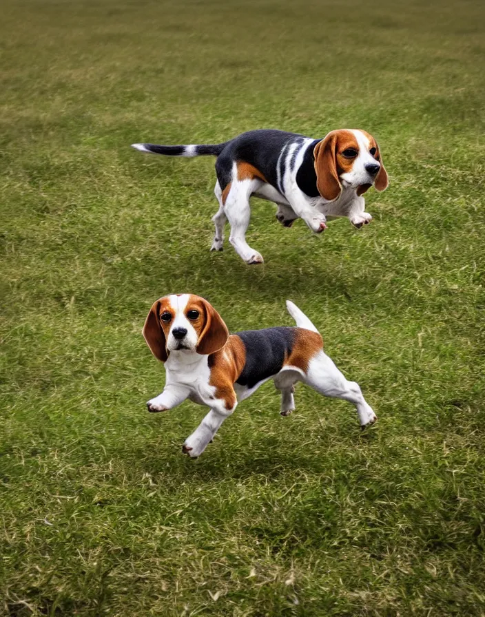 Image similar to a beagle running in a field, matte painting, 8k, depth of field.