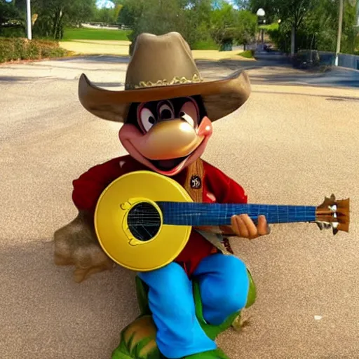 Image similar to an alligator playing a banjo and wearing a cowboy hat, vintage Disney