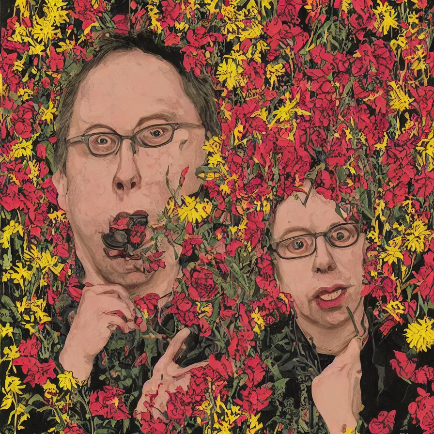 Prompt: todd solondz john zorn male portrait of the john zorn todd solondz of the underworld puking blood surrounded by flowers by karol ba