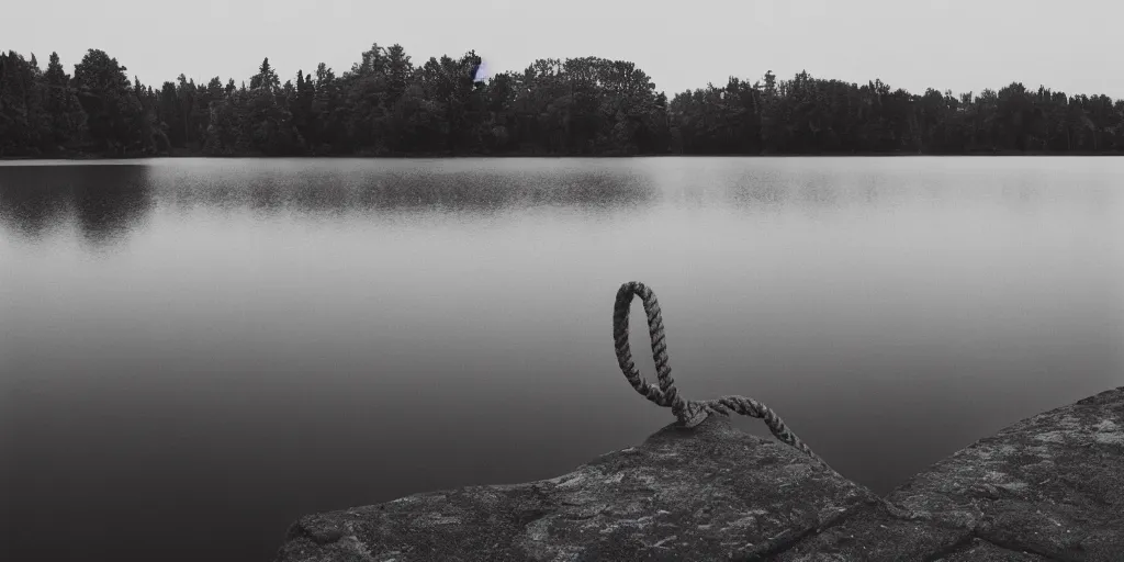 Image similar to symmetrical photograph of an infinitely long rope submerged on the surface of the water, the rope is snaking from the foreground towards the center of the lake, a dark lake on a cloudy day, trees in the background, moody scene, anamorphic lens