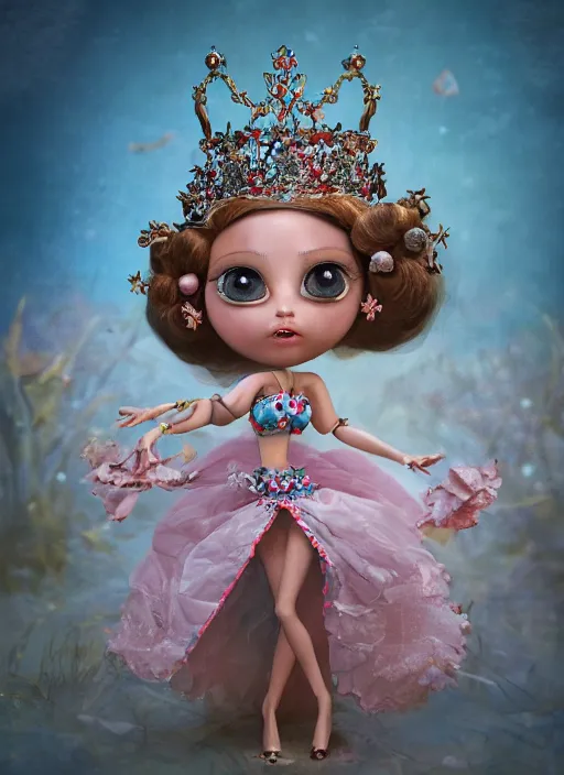 Image similar to closeup profile portrait of tin toy fairytale princess wearing a crown, bikini, depth of field, zeiss lens, detailed, symmetrical, centered, fashion photoshoot, by nicoletta ceccoli, mark ryden, lostfish, breathtaking, 8 k resolution, extremely detailed, beautiful, establishing shot, artistic, hyperrealistic, octane render