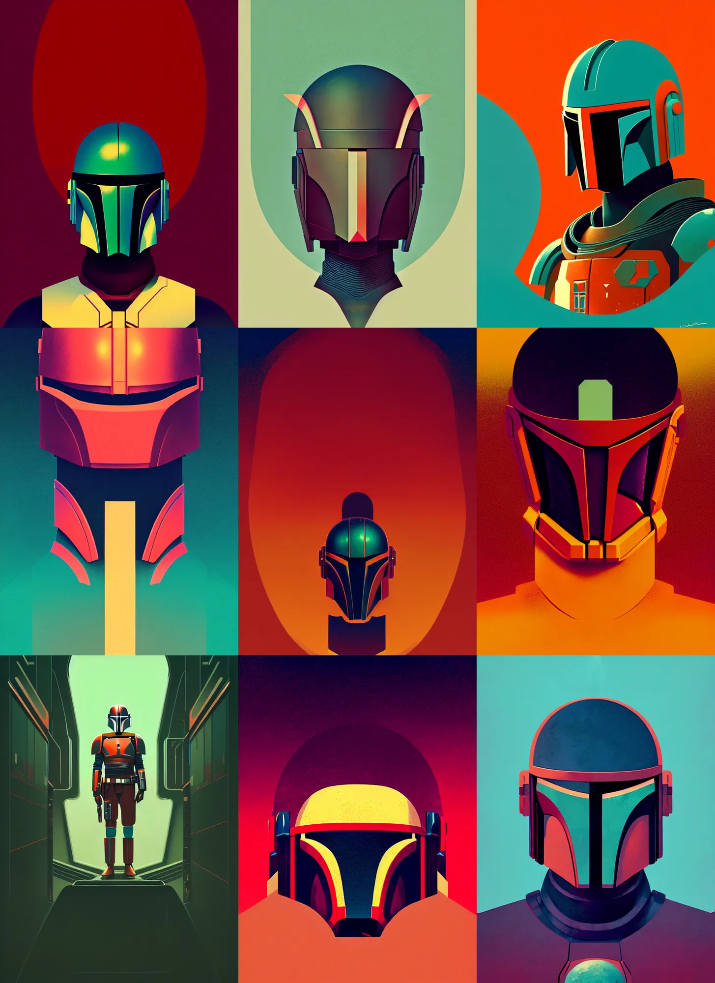 Prompt: editorial illustration portrait of mandalorian, modern art deco, colorful, ( ( mads berg ) ), christopher balaskas, victo ngai, rich grainy texture, detailed, dynamic composition, wide angle, moebius, matte print, volumetric