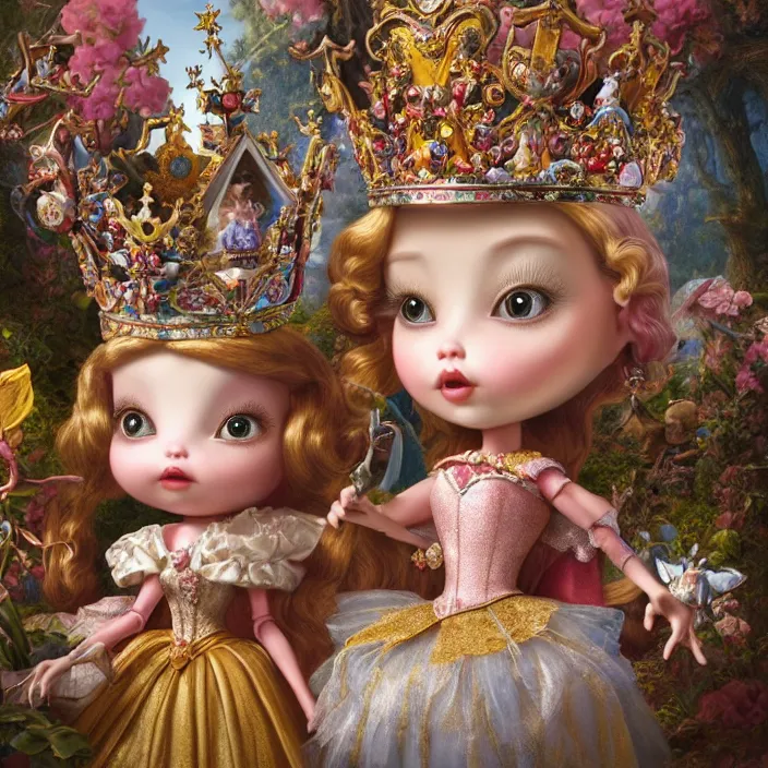 Image similar to highly detailed closeup, portrait of a tin toy fairytale princess wearing a crown, unreal engine, nicoletta ceccoli, mark ryden, earl norem, lostfish, global illumination, detailed and intricate environment