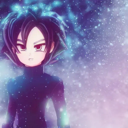 Prompt: portrait focus of Super Saiyan beautiful 3D anime gir!! posing, frozen ice !! dark forest background, snowing, bokeh, inspired by Masami Kurumada, digital painting, high contrast, unreal engine render, volumetric lighting, high détail