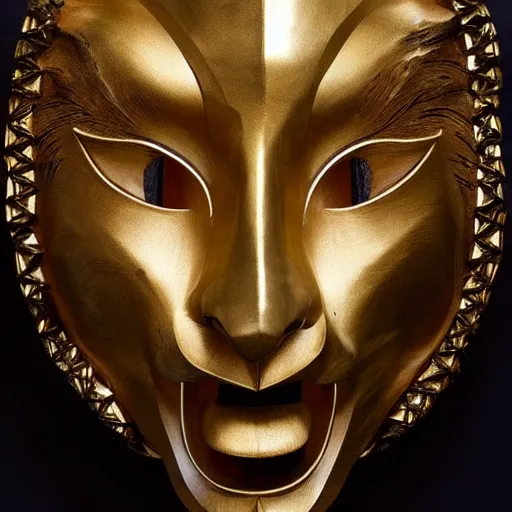 Prompt: a beautiful kitsune mask carved in wood with some gold leaf accents, made by iris van herpen