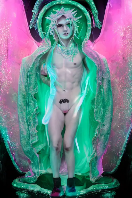 Image similar to photo of fullbody rococo and cyberpunk delicate neon crystalline sculpture of seductive muscular onyx albino marble prince liam payne as an mint iridescent humanoid deity wearing pink plastic hooded cloak holding an onyx skull in a onyx space dungeon, reclining, glowing yellow face, crown of white diamonds, cinematic lighting, photorealistic, octane render 8 k depth of field 3 d