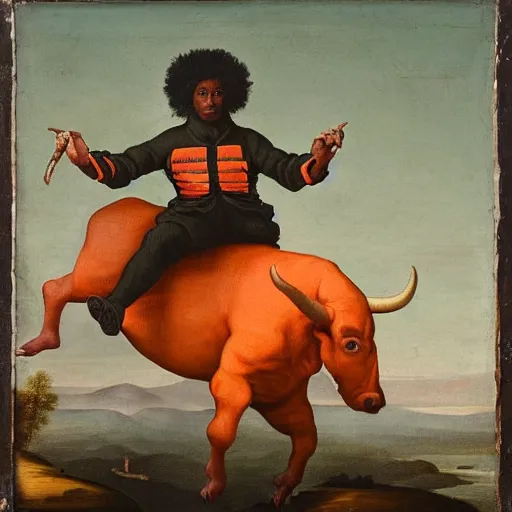 Image similar to photograph of a black man with afro hair wearing an army green adidas jacket riding an orange colored bull!!, renaissance style painting