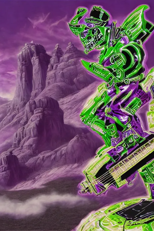 Image similar to portrait of cowboy johnny cash as purple green optimus prime power ranger from transformers riding on guitar zord ufo hoverboard, intricate, highly detailed, smooth, artstation, digital illustration by Lisa Frank and Ruan Jia and Mandy Jurgens and Artgerm and Wayne Barlowe and Greg Rutkowski and Zdislav Beksinski