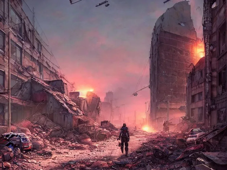 Image similar to postapocalyptic city of syzran!!!, in fallout style!!!, militaristic!!!, rubble, hyperrealistic, highly detailed, cinematic, pink sunlight, romantic, beautiful, cgssociety, artstation, 8 k, oil painting by greg rutkowski, by artgerm, by wlop