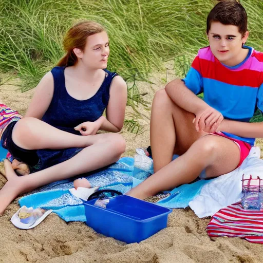 Prompt: a teenage girl and teenage boy having a picnic at the beach. Blue sky. Detailed faces, detailed body. Photo 4K.