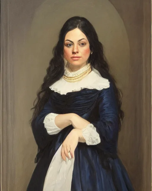 Prompt: Official Portrait of Mila Kunis, 6th President of the United States, 1825-1829, Portrait by George Peter Alexander Healy in 1858. Oil on canvas, White House Collection/White House Historical Association trending on artstation