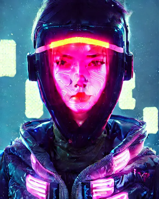 Image similar to detailed portrait Neon Operator Girl cyberpunk futuristic neon Reflective puffy coat, decorated with traditional japanese ornaments by ismail inceoglu dragan bibin hans thoma greg rutkowski Alexandros Pyromallis Nekro Rene Margitte illustrated Perfect face, fine details, realistic shaded, fine-face, pretty face