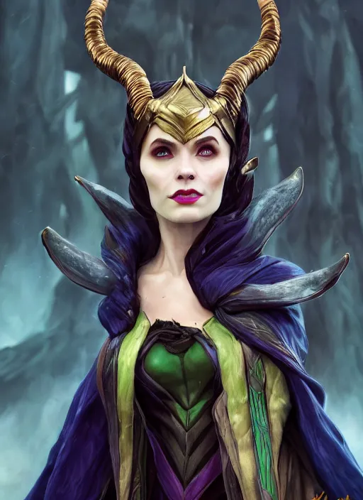 Image similar to female loki as maleficent, naturel, hyper detailed, digital art, trending in artstation, cinematic lighting, studio quality, smooth render, unreal engine 5 rendered, octane rendered, art style by klimt and nixeu and ian sprigger and wlop and krenz cushart