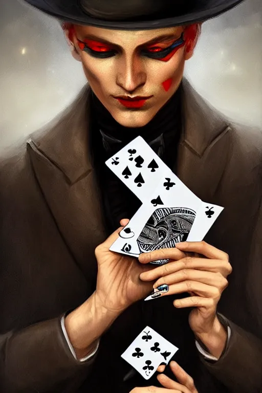 Prompt: modern street magician holding a playing card, realistic, modern, magicians eyes are covered with hankerchief, intricate, elegant, highly detailed, digital painting, artstation, concept art, addiction, smooth, sharp focus, illustration, art by ilja repin