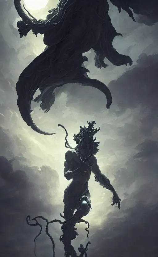 Image similar to statue of a demon of the moon ascending from hell, dramatic lighting, flowing tendrils, artstation, concept art, smooth, sharp focus, illustration, art by greg rutkowski