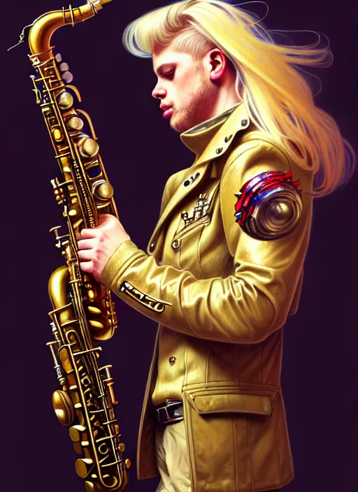 Image similar to portrait of a blond man playing sax, warhammer 40000, cyberpunk, intricate, elegant, highly detailed, digital painting, artstation, concept art, smooth, sharp focus, illustration, art by artgerm and greg rutkowski and alphonse mucha and Gustav Klimt