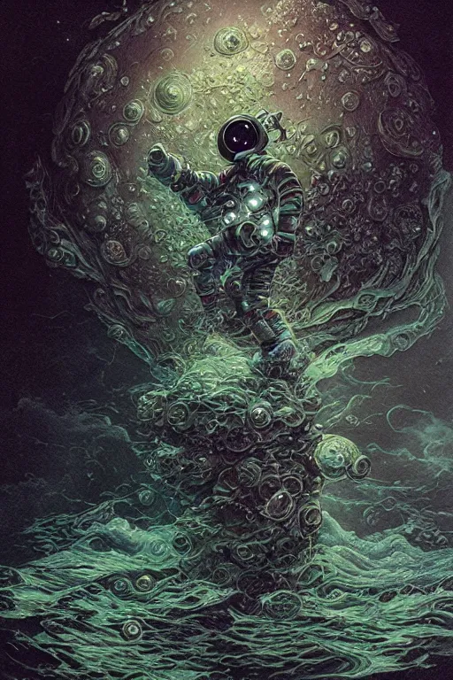 Prompt: close up shot of a full body floating astronaut portrait water elemental, james gurney, peter mohrbacher, mike mignola, black paper, mandelbulb fractal, trending on artstation, exquisite detail perfect, hyper detailed, intricate ink illustration, black background