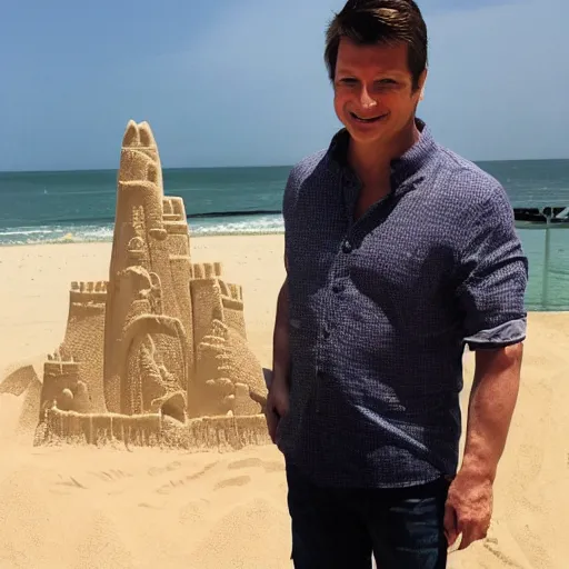 Prompt: a sandcastle in the shape of nathan fillion