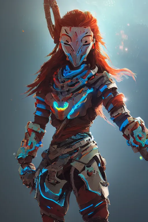 Image similar to combination suit armor aloy horizon forbidden west horizon zero dawn radiating a glowing aura global illumination ray tracing hdr fanart arstation by ian pesty and alena aenami artworks in 4 k tribal robot ninja mask helmet backpack