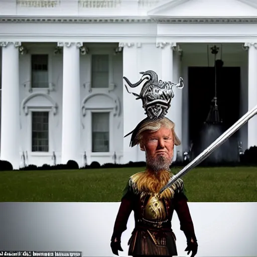 Prompt: a viking holding the head of donald trump riding a dragon flying, over the white house